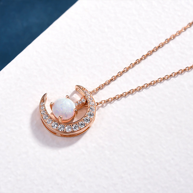 Rose Gold Moon Design Opal Pendant Necklace In Sterling Silver