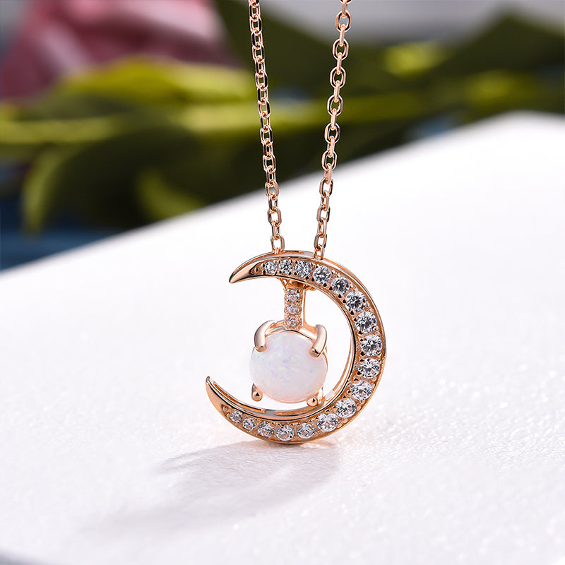 Rose Gold Moon Design Opal Pendant Necklace In Sterling Silver