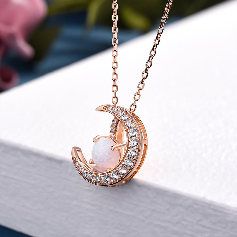 Rose Gold Moon Design Opal Pendant Necklace In Sterling Silver