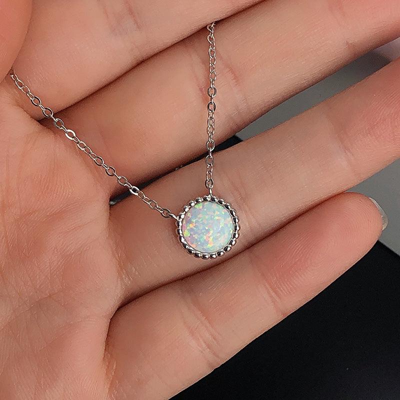 Elegant Round Cut Opal Stone Women's Pendant Necklace In Sterling Silver