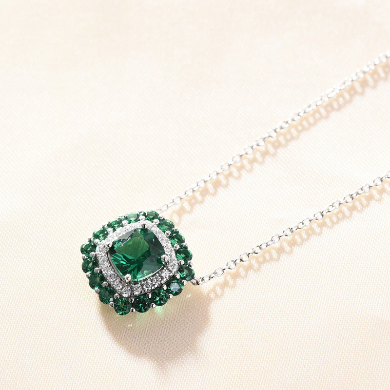 1.5 Carat Double Cushion Cut Emerald Green Women's Necklace In Sterling Silver