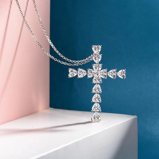 Fashion Heart Cut Cross Design Pendant Necklace In Sterling Silver