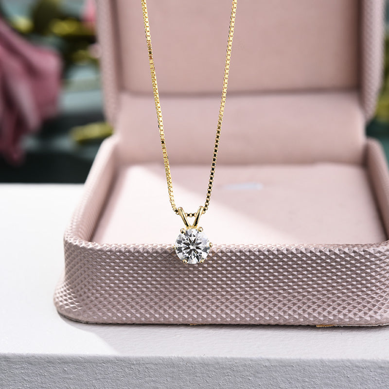 Yellow Gold Round Cut Moissanite Stone Pendant Necklace