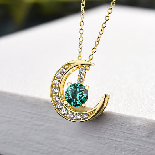 Yellow Gold Moon Design Round Cut Paraiba Tourmaline Pendant Necklace In Sterling Silver