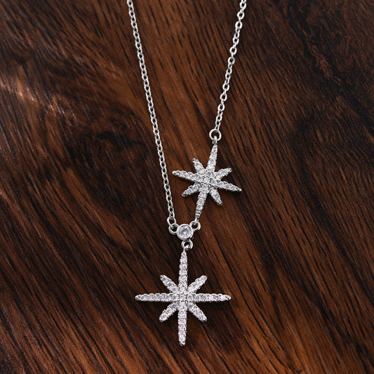 Fashion Double Star Design Women's Necklace In Sterling Silver