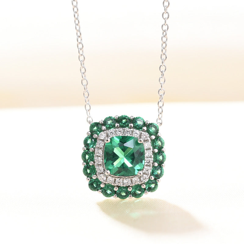 1.5 Carat Double Cushion Cut Emerald Green Women's Necklace In Sterling Silver