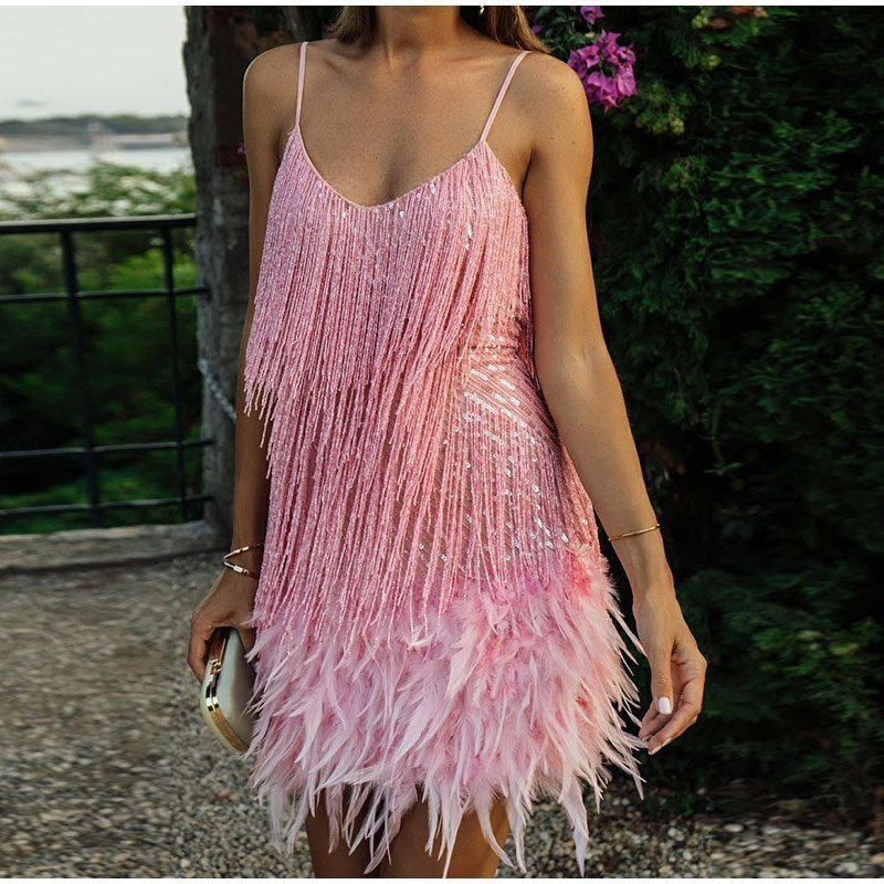 Women's Feather Fringe Sequin Spaghetti Strap Dress