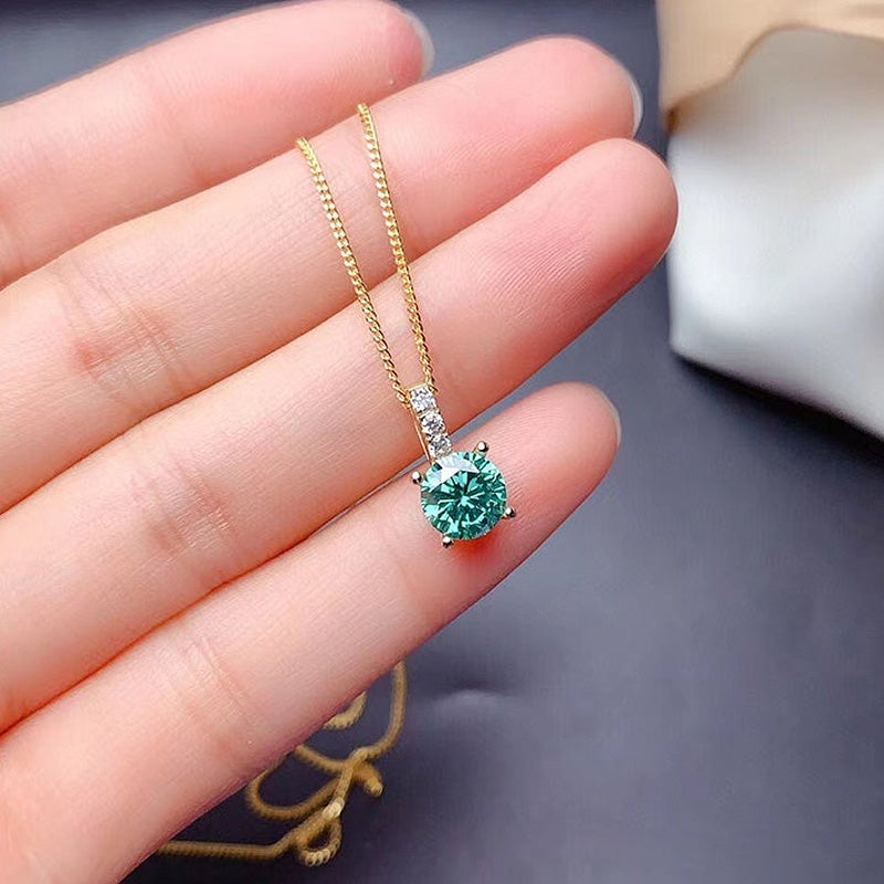 Yellow Gold Moon Design Round Cut Paraiba Tourmaline Pendant Necklace In Sterling Silver