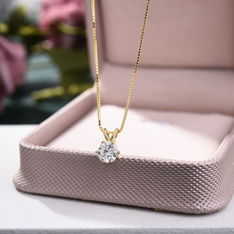 Yellow Gold Round Cut Moissanite Stone Pendant Necklace