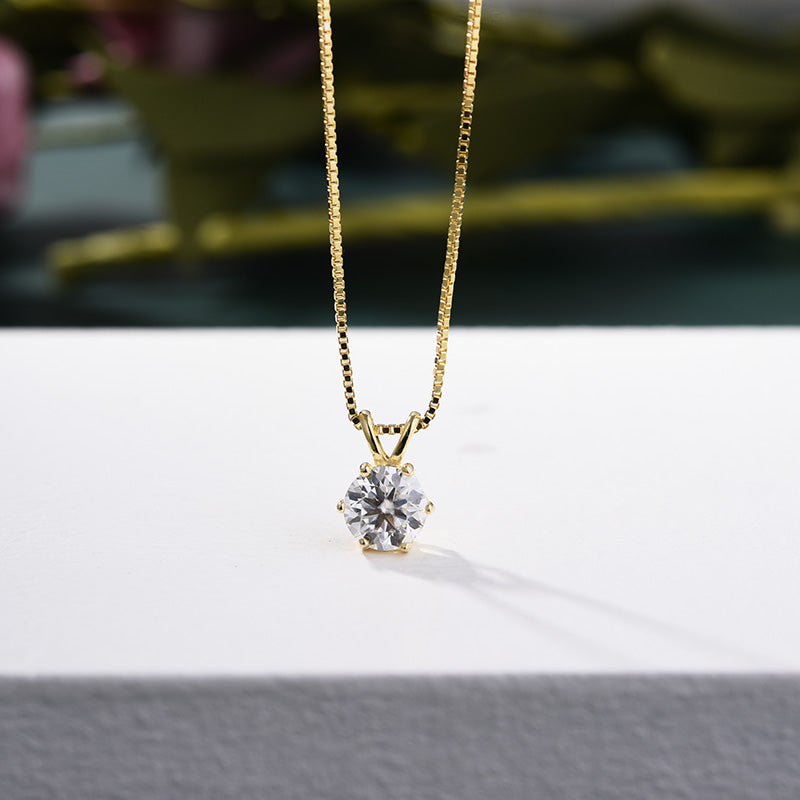 Yellow Gold Round Cut Moissanite Stone Pendant Necklace