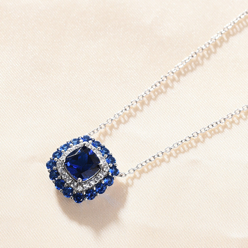 1.5 Carat Double Cushion Cut Blue Sapphire Women's Necklace In Sterling Silver