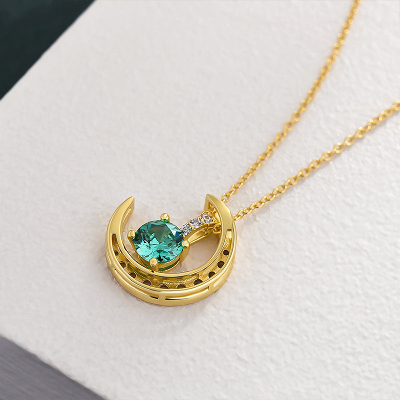 Yellow Gold Moon Design Round Cut Paraiba Tourmaline Pendant Necklace In Sterling Silver