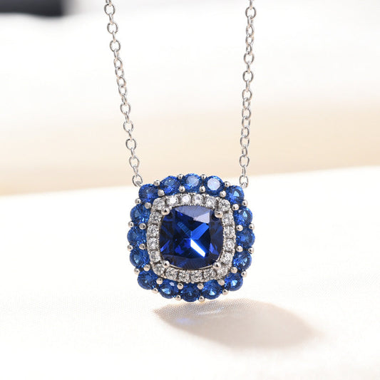 1.5 Carat Double Cushion Cut Blue Sapphire Women's Necklace In Sterling Silver